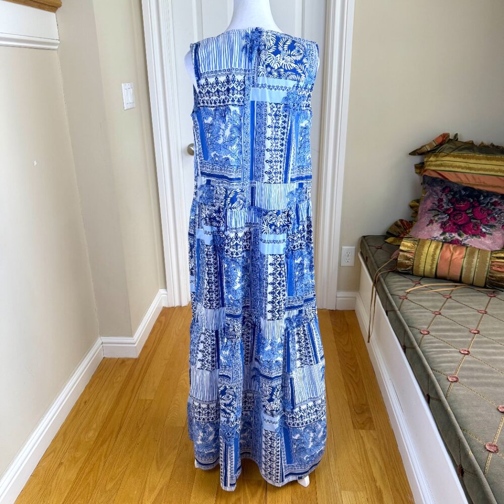 J. McLaughlin Maxi Dress Blue White Tropical Patchwork Cotton Christa (M) - Picture 4 of 8